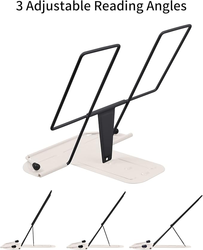 MSDADA Metal Book Stand for Desk, Adjustable Reading Rest Book Holder, Portable Cookbook Documents Holder, Sturdy Typing Stand for Recipes Textbooks Tablet Music Books(Black+Milky White)