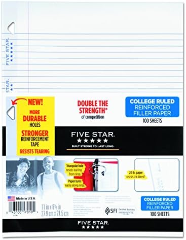 Five Star 17010 Reinforced Filler Paper, 20lb, College Rule, 11 x 8 1/2, White, 100 Sheets