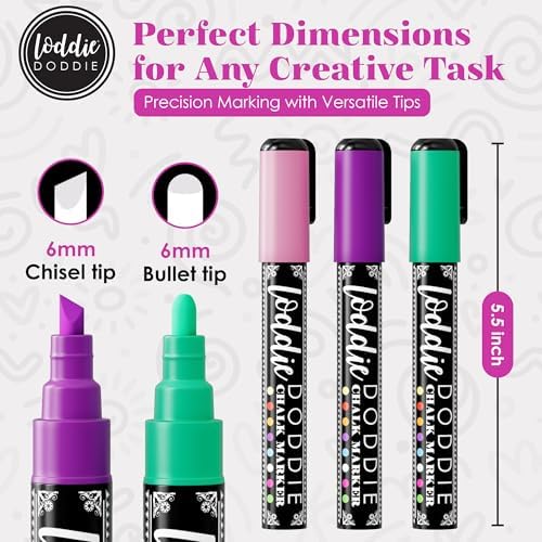 Loddie Doddie Chalk Markers - Pack of 32, Reversible 6mm Tips - Vibrant Chalkboard Designs with Chalkboard Markers - Easy Erase on Glass & Whiteboards with Dry Erase Pen