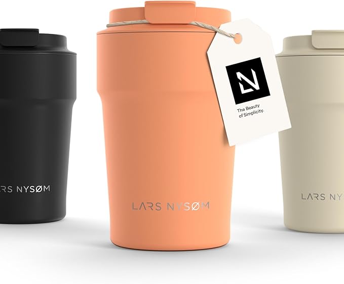 LARS NYSØM Thermo Coffee Mug to go 13oz | Travel Mug 0.38 Liter with Insulation | Leak Proof Stainless Steel Thermal Tumbler for Coffee and Tea on the Go (Pumpkin Orange, 12.9oz)