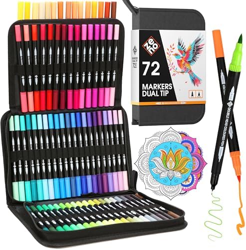 ZENO 72 Dual Tip Markers Set-C with Case – No-Bleed Art Markers for Adults – Fine & Brush Tips - Watercolor Pens for Journaling, Artists, and Creative Projects
