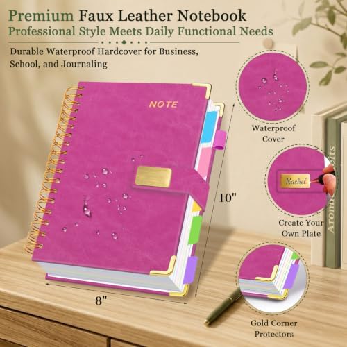 Hardcover Spiral Notebook 8''x 10'' College Ruled Notebook with Magnetic Closure, 300 Pages 5 Subject Notebooks with Pocket Dividers for Work School, B5 Leather Journal for Women, Men (Rose Purple)