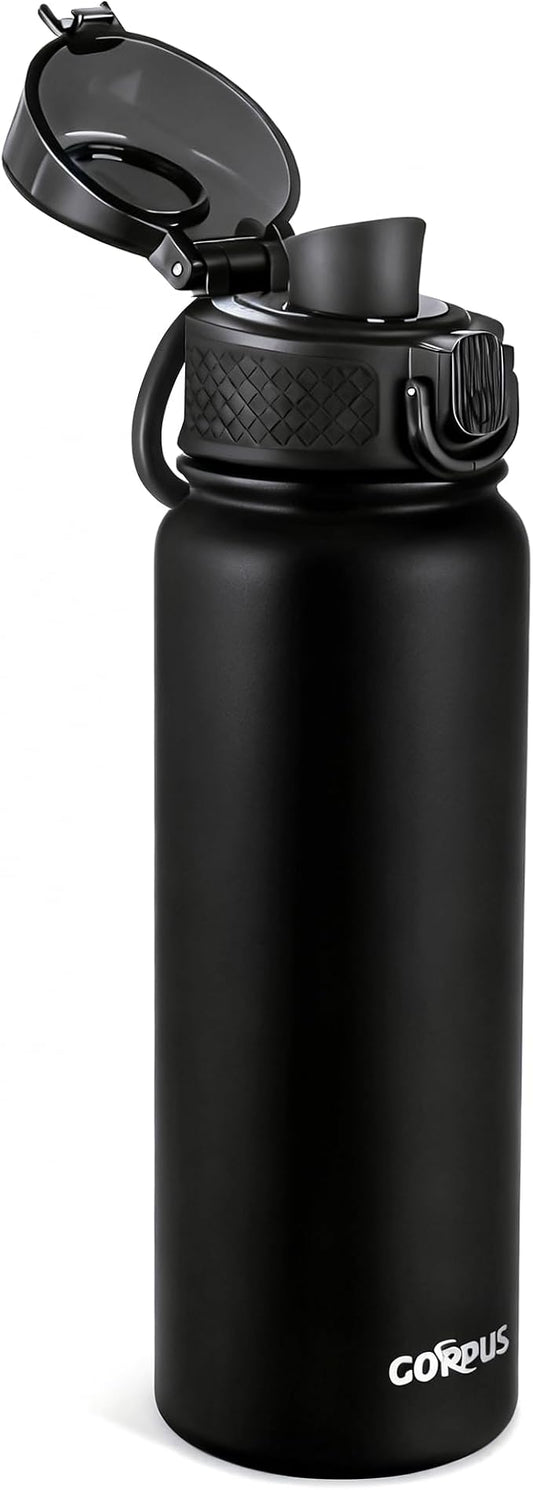 GOPPUS Insulated Water Bottle 20oz Stainless Steel BPA-Free Sports Bottle Ideal for School and Travel Silicone Spout Lid Prevents Leaks, Sweat, and Dust (Black)