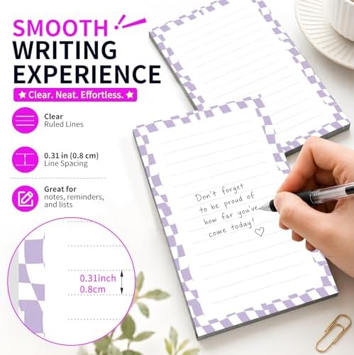 Lined Sticky Notes 4x6 in, 2 Pack Large Cute Notepads with Lines Self-Stick Note Pad, Funny Memo Pads Strong Adhesive for Office, Home Blue Curve Plaid