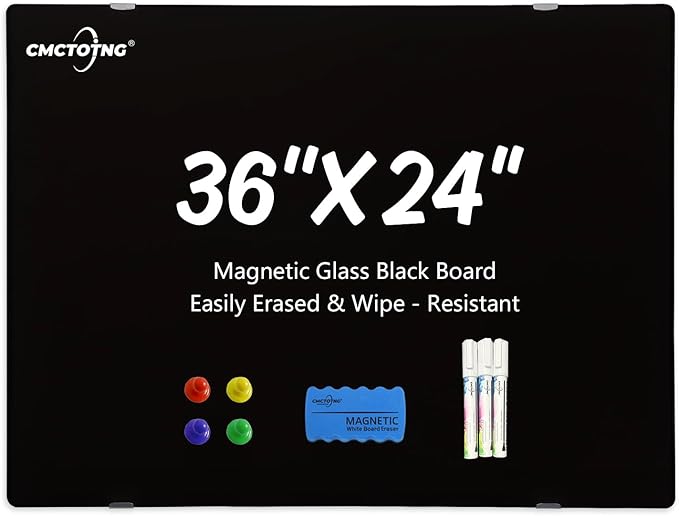 24 x 36 Magnetic Glass Blackboard, Frameless Glass Dry Erase Board for Wall, Home, Office, Classroom
