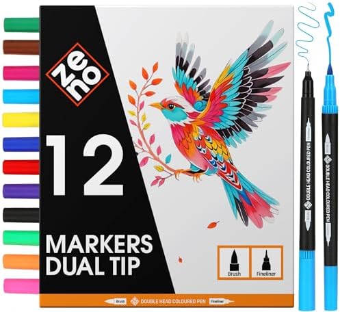 ZENO 12 Dual Tip Markers Set-C – No-Bleed Coloring Markers for Adults – Fine & Brush Tip - Watercolor Pens for Journaling, Coloring Books, and Artists