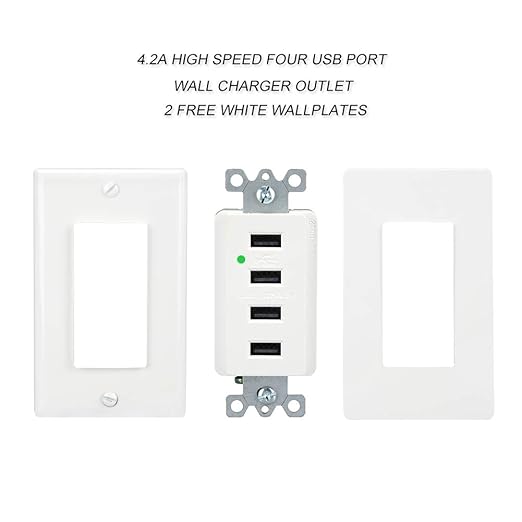 LEOD 4.2A Output High Speed 4 USB Port Charger Wall Outlet with 2 Types Wall Plates(Standard and screwless Included), USB Charger Receptacle, White,UL Listed[10 Pack]