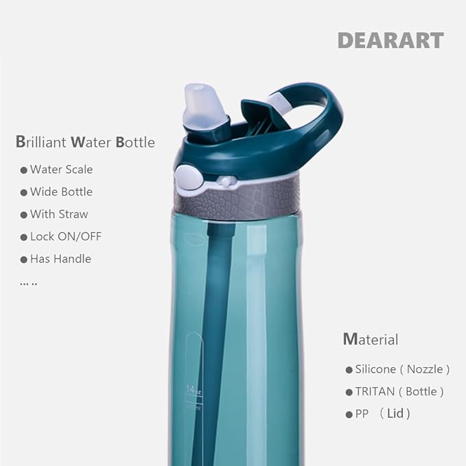 DEARART 2-Pack 24oz Pink & Dark Cyan Water Bottles With Straw, Leakproof BPA FREE Hidden Nozzle, Flip Up Lid Has Handle Wide Bottle Easy Clear, Suit Office Yoga Outdoor Sports Travel Gym.