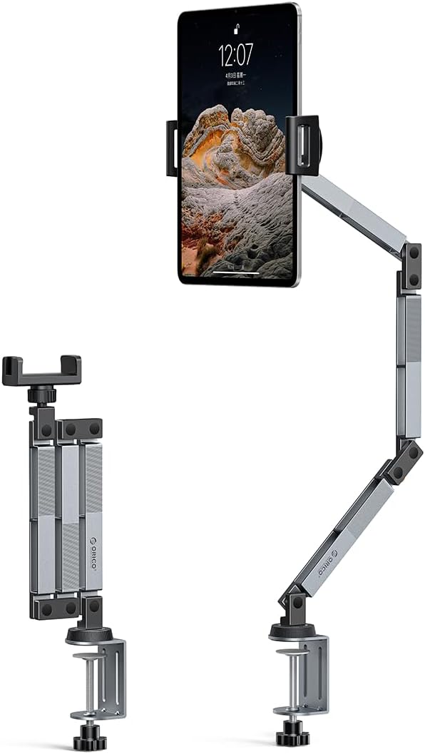 ORICO Tablet Mount, 360° Adjustable Tablet Stand Holder for iPad, Foldable Aluminum Arms, Ergonomic Viewing for Standing Desk & Nightstand, Fits 4.7"-12.9" Tablets & Phones- RA1, Gray