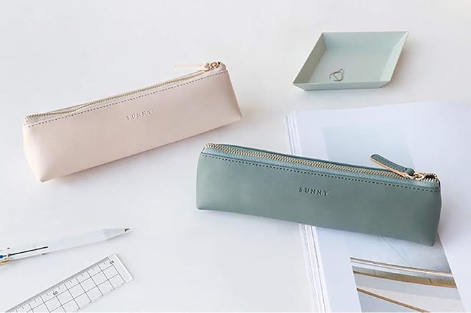 Doraking PU Leather Cosmetic Makeup Bag Pen Stationery Case | Small Pencil Pouch for Students Zipper Bag for Pens, Pencils, Markers (Apricot)