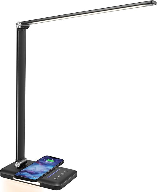 LED Desk Lamp with Night Light, Fast Wireless Charger, USB Charging Port, 10 Brightness, 5 Color Modes, Dimmable Bedside Table Lamp for Bedroom, Touch Control, Auto Timer, 1200Lux Super Bright