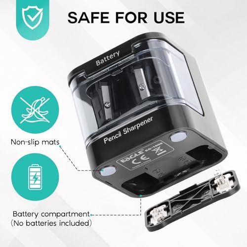 Eagle Electric Pencil Sharpener, Dual Holes, Battery Powered for School/Office/Art, 5s Fast Sharpening, Portable w/Large Shaving Tray & Replaceable Blades, for 6-12 mm Pencils (Black)