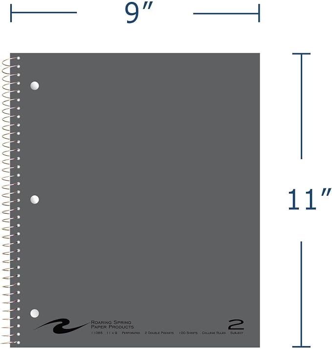 ROARING SPRING 2 Subject Spiral Notebook, 24 Pack, 11" x 9", College Ruled, 100 Perforated Sheets, Assorted Glasscoat Covers, 2 Double Storage Pockets, Made in USA