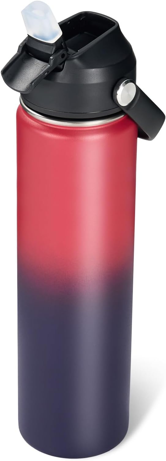 Fijinhom 24oz Insulated Stainless Steel Water Bottle, Wide Mouth Double Wall Vacuum, Silicone Straw, Sweat & Leak Proof, BPA Free Insulated Water Flask for Travel, Keep Cold 24h Hot 12h, Red