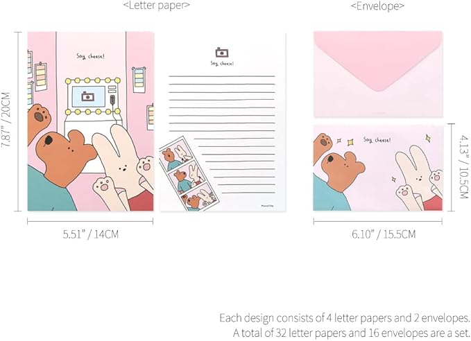 Monolike Happy and Lucky Ver.2 Letter Paper and Envelopes Set - 8Type, 32 Letter Paper + 16 Envelopes