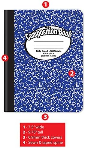 Better Office Products Composition Book Notebook - Hardcover, Wide Ruled (11/32-inch), 100 Sheet, One Subject, 9.75" x 7.5", Assorted Covers: Red, Blue, Green, Purple-4 Pack