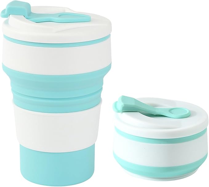 Collapsible Cup for Traveling and Camping with Lid Reusable Portable Coffee Mug Hot and Cold Drinks Leakproof Eco friendly Silicone Lightweight (Large 16oz/500ml, Blue)