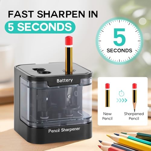 Eagle Electric Pencil Sharpener, Dual Holes, Battery Powered for School/Office/Art, 5s Fast Sharpening, Portable w/Large Shaving Tray & Replaceable Blades, for 6-12 mm Pencils (Black)
