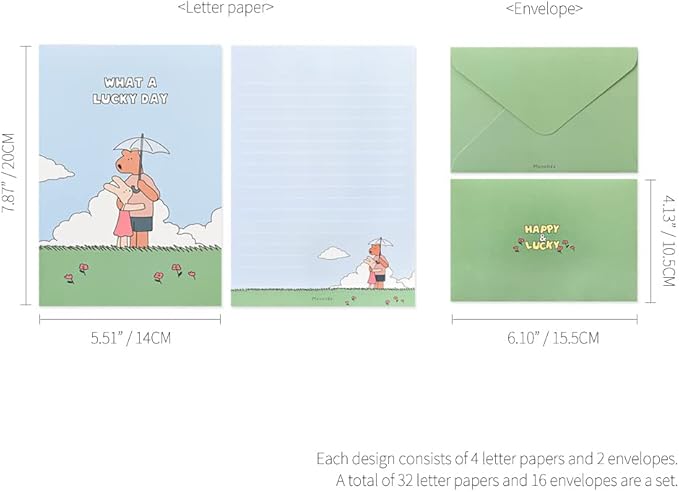 Monolike Happy and Lucky Memories Letter Paper and Envelopes Set - 8Type, 32 Letter Paper + 16 Envelopes