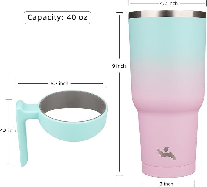 Konokyo 40 oz Tumbler with Handle and 2 Straw 2 Lid, Insulated Water Bottle Stainless Steel Vacuum Cup Reusable Travel Mug,Gum