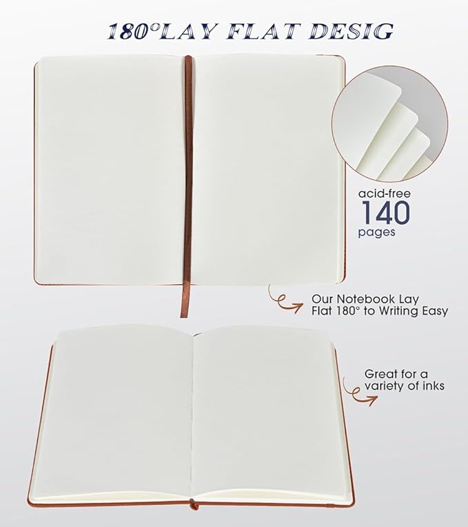 Biuwory Blank Journal Notebook for Women Men, Hardcover Leather Sketchbook 5.7"×8.3", 140 Pages Unlined Sketch book for Drawing, Writing, Travel, School & Work, Journaling Notebooks (Brown)