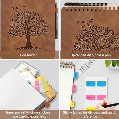 A4 Top Spiral Notebook, Tree Pattern Large Leather Hardcover Left Handed Journal, 240 Pages 100 Gsm Lined Paper Top Bound Steno Pads for Work, School, Travel Writing - Brown, 8.5" x 11"