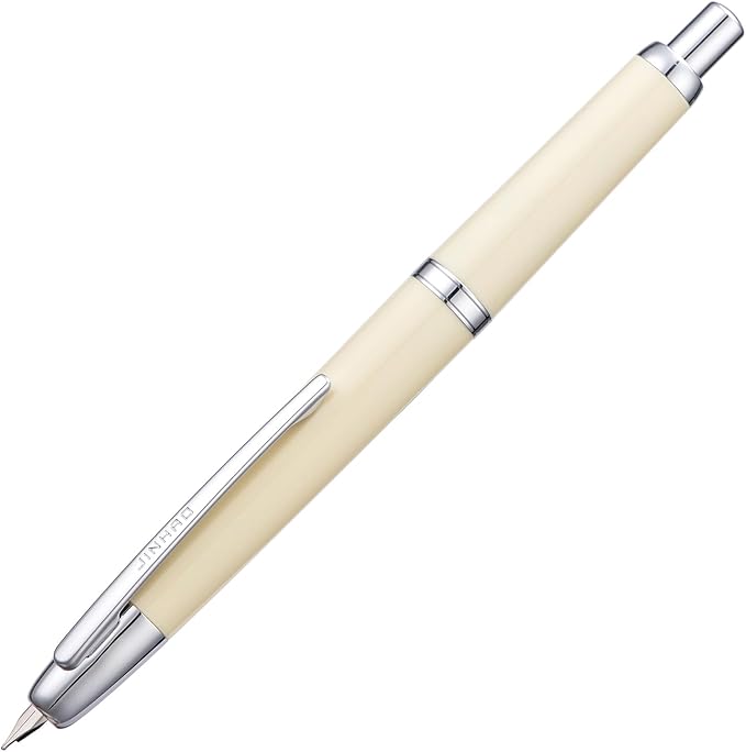 Jinhao 20 Press Fountain Pen, Ivory White Retractable Fine Nib with Ink Converter Set (Silver Clip)