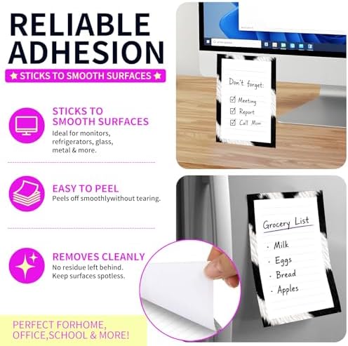 Lined Sticky Notes 4x6 in, 2 Pack Large Cute Notepads with Lines Self-Stick Note Pad, Funny Memo Pads Strong Adhesive for Office, Home Black White Cowhide