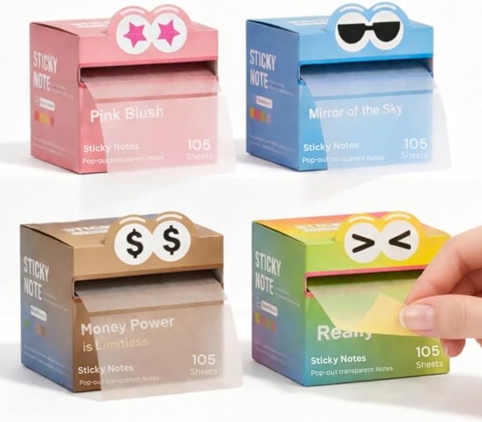 Pull Out Transparent Sticky Notes 105 Sheet/Box Full Adhesive, Monster Sticky Notes Cute with Tear-Off Lines, Sticky Notes for Kids & Students School Office Planning Supplies (4 Pack)