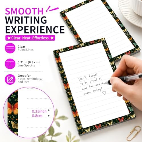 Lined Sticky Notes 4x6 in, 2 Pack Large Cute Notepads with Lines Self-Stick Note Pad, Funny Memo Pads Strong Adhesive for Office, Home Cute Boho Butterfly