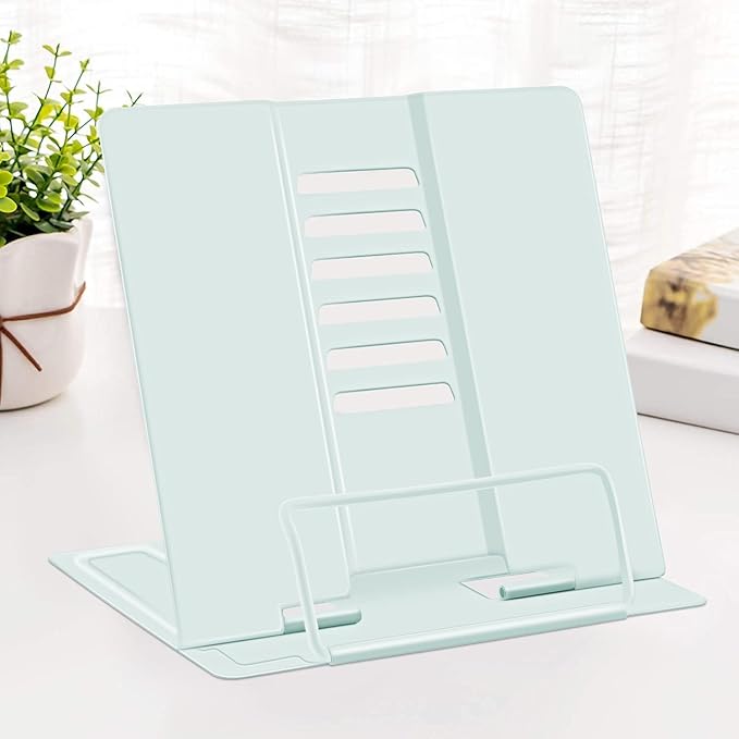 MSDADA 2PC Different Design Desk Book Stand Metal Reading Rest Book Holder Adjustable Cookbook Documents Holder Portable Sturdy Bookstand for Recipes Textbooks Tablet Music Books(Macaron Green+Purple)