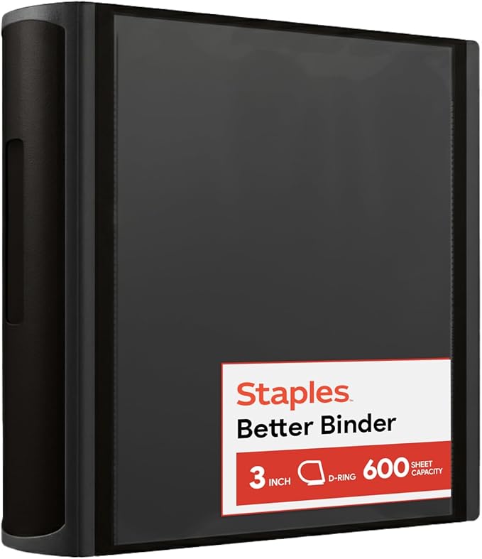 Staples Better 3-Inch D-Ring Binder, Black – Heavy-Duty 3-Ring Binder for School & Office Storage