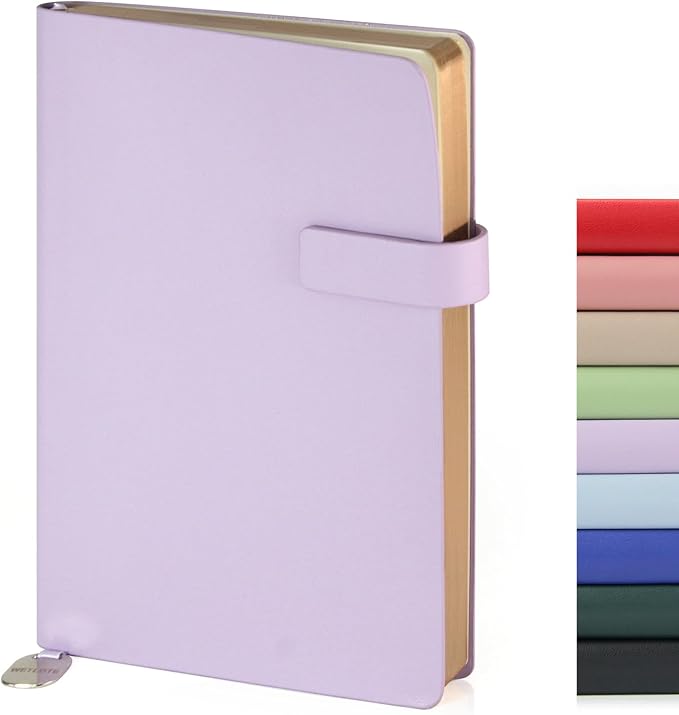 Soft Cover Leather Journal Notebook A5 Lined 212 Pages 5x8.25 Inches with Strap Closure Travel Work School Writing Journaling Notebooks for Women Men Gift Box Packaging Light Purple