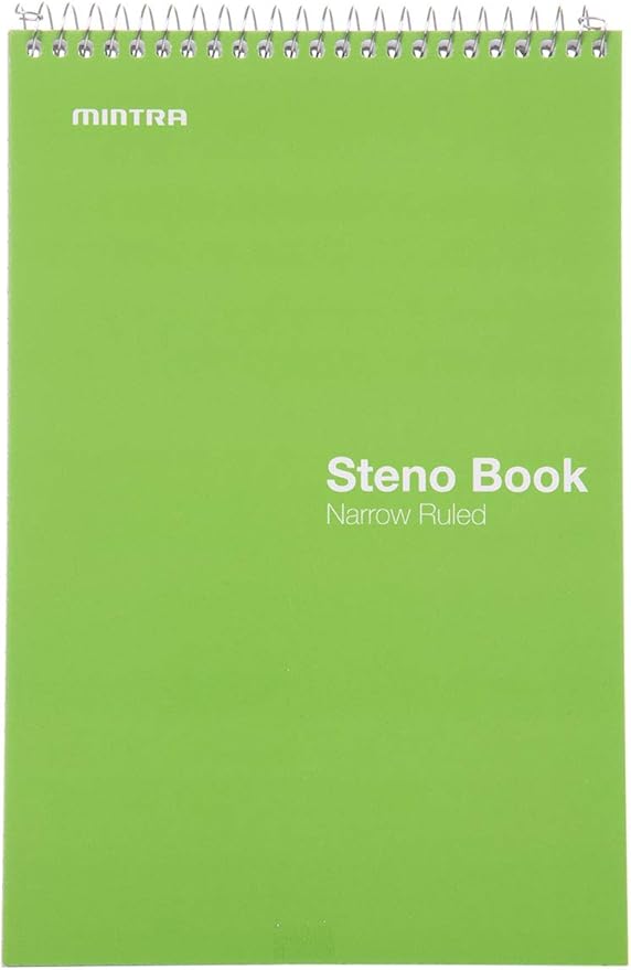Mintra Office Steno Books Set - Top-Spiral Bound, Narrow Ruled, 70 White Sheets, Poly Primary Color Covered Notebooks for Office, Professional, School & Work, Note-taking, Writing Pads, 6"x9", 4 Pack
