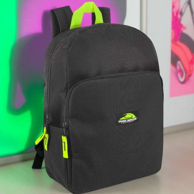 Trail maker 15 Inch Backpack for Kids, Preschool, Elementary & Middle School Students – Spacious Bookbag with Large Front Pocket, Adjustable Straps, Fits up to 13 Inch Laptop (Black Neon)