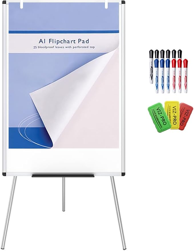 VIZ-PRO Whiteboard Easel/Portable Dry Erase Board, 36 x 24 Inches, with 25-Sheets A1 Flipchart Paper Pad & 3 Colored Erasers & 12-Count Markers