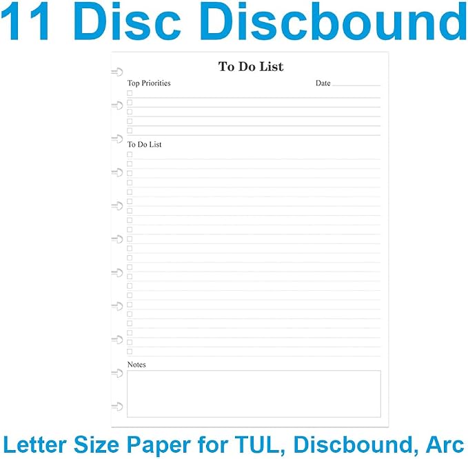 Letter Size TUL Discbound To Do List Refills, 11 Disc Daily Planner Insert, 100Sheets / 200Pages To Do Paper, 100gsm White Paper, 8.5'' x 11''