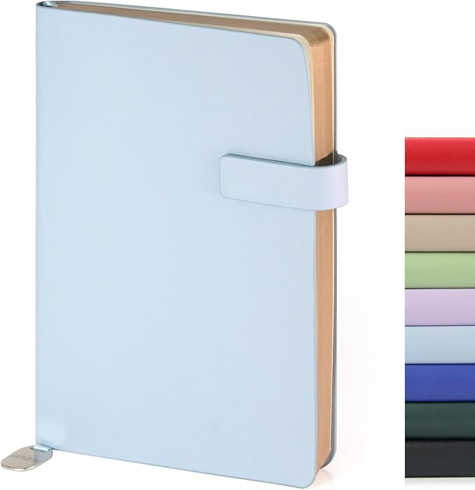 Soft Cover Leather Journal Notebook A5 Lined 212 Pages 5x8.25 Inches with Strap Closure Travel Work School Writing Journaling Notebooks for Women Men Gift Box Packaging Light Blue