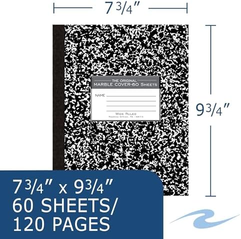 ROARING SPRING Flexible Cover Composition Notebook, 12 Books, Black Marble, Wide Ruled w/Margin, 60 Sheets (120 Pages), 9.75" × 7.75", Center-Sewn, Made in USA