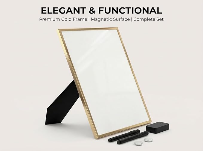 Magnetic Dry Erase Board 12x16 with Foldable Stand, Portable Gold Desktop Whiteboard for Home, Office, School & Kitchen