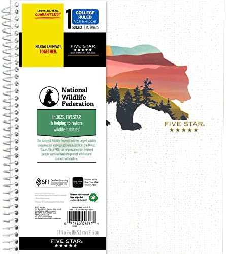 Five Star and National Wildlife Federation Spiral Notebook + Study App, 1 Subject, College Ruled Paper, 11" x 8-1/2", 80 Sheets, Forest Bear, 1 Count (820088FM)