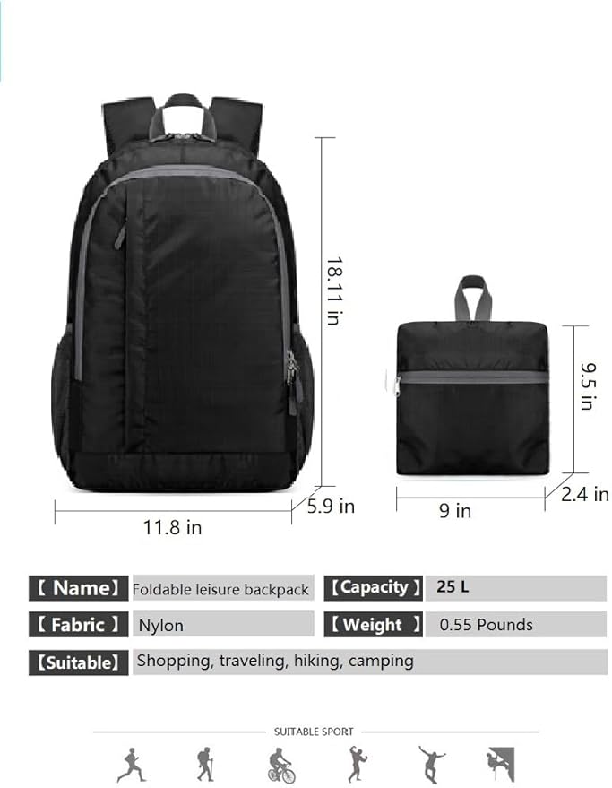 Ultra Lightweight-Packable-Hiking-Backpack Small Foldable Travel Camping Daypack Casual Outdoor Water-resistant 25L Backpacks (Black)