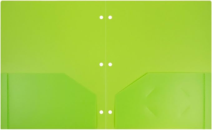 JAM PAPER Heavy Duty Plastic 3 Hole Punch Pocket Folders - Extra Tough School Folders - Lime Green - 6/Pack