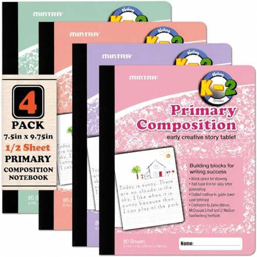 Mintra Office Primary Ruled Composition Books (Primary Ruled - Pastel, 4 Pack) - 1/2 Sheet with Drawing Area