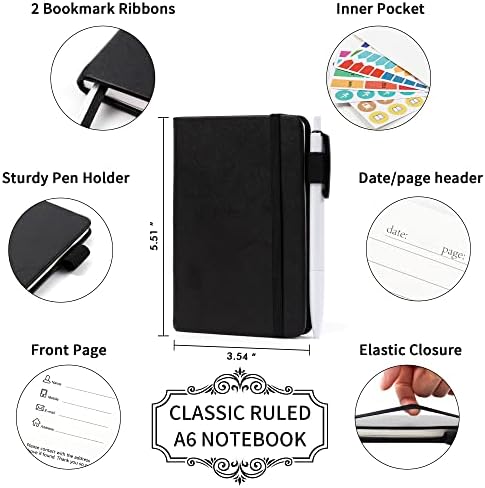 feela 3 Pack Pocket Notebook Journals with 3 Black Pens, A6 Mini Cute Small Journal Notebook Bulk Hardcover College Ruled Notepad with Pen Holder for Office School Supplies, 3.5”x 5.5”, Black
