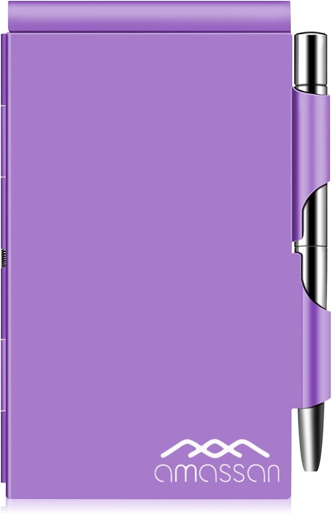 Metal Small Notebook, Mini Notepad, Small Pocket Notepad Aluminum Note Case with Mini Metal Pen and 60-Page Sheets - Memo Books Note Pads, Solid Purple