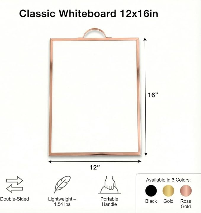 Magnetic Dry Erase Board 12x16 with Handle, Double Sided Portable Rose Gold Whiteboard for Home, Office, School & Kitchen