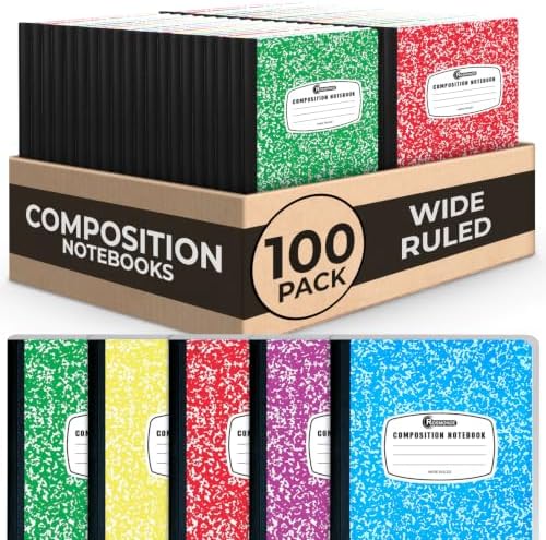 Rosmonde 100 Pack Bulk Composition Notebooks, Wide Ruled, Assorted Colors
