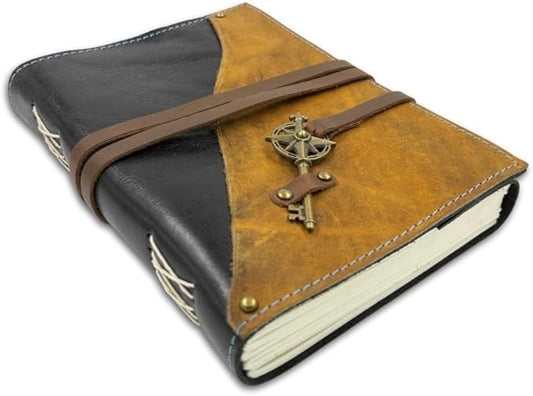 Leather Journal Notebook, 200 Handmade Recycled Cotton Paper Pages, 6X8 Leather Bound Journal for Man & Women, Vintage Key Closure
