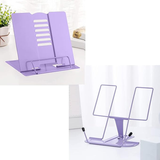 MSDADA 2PC Different Design Desk Book Stand Metal Reading Rest Book Holder Adjustable Cookbook Documents Holder Portable Sturdy Bookstand for Recipes Textbooks Tablet Music Books(Purple+Purple)